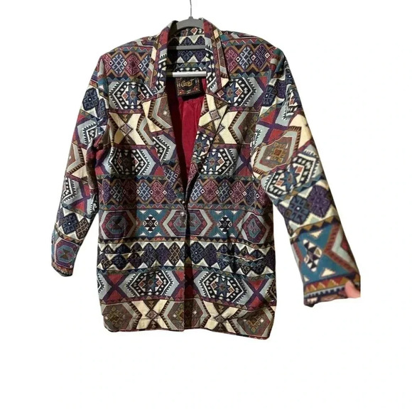 Circle T VTG Country Western Tapestry Aztec Blazer Jacket M Multicolor Cowboy - Picture 5 of 11